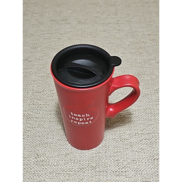 TEACHER Travel Mug W/Lid Red Apple “TEACH, INSPIRE, REPEAT” 18 Oz Stoneware NEW - Picture 2 of 8